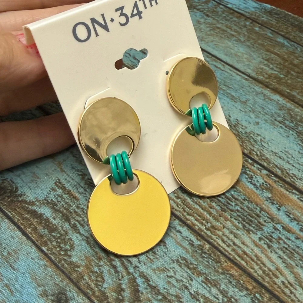 NWT On 34th Gold Double Disc Drop Earrings with Green Rings